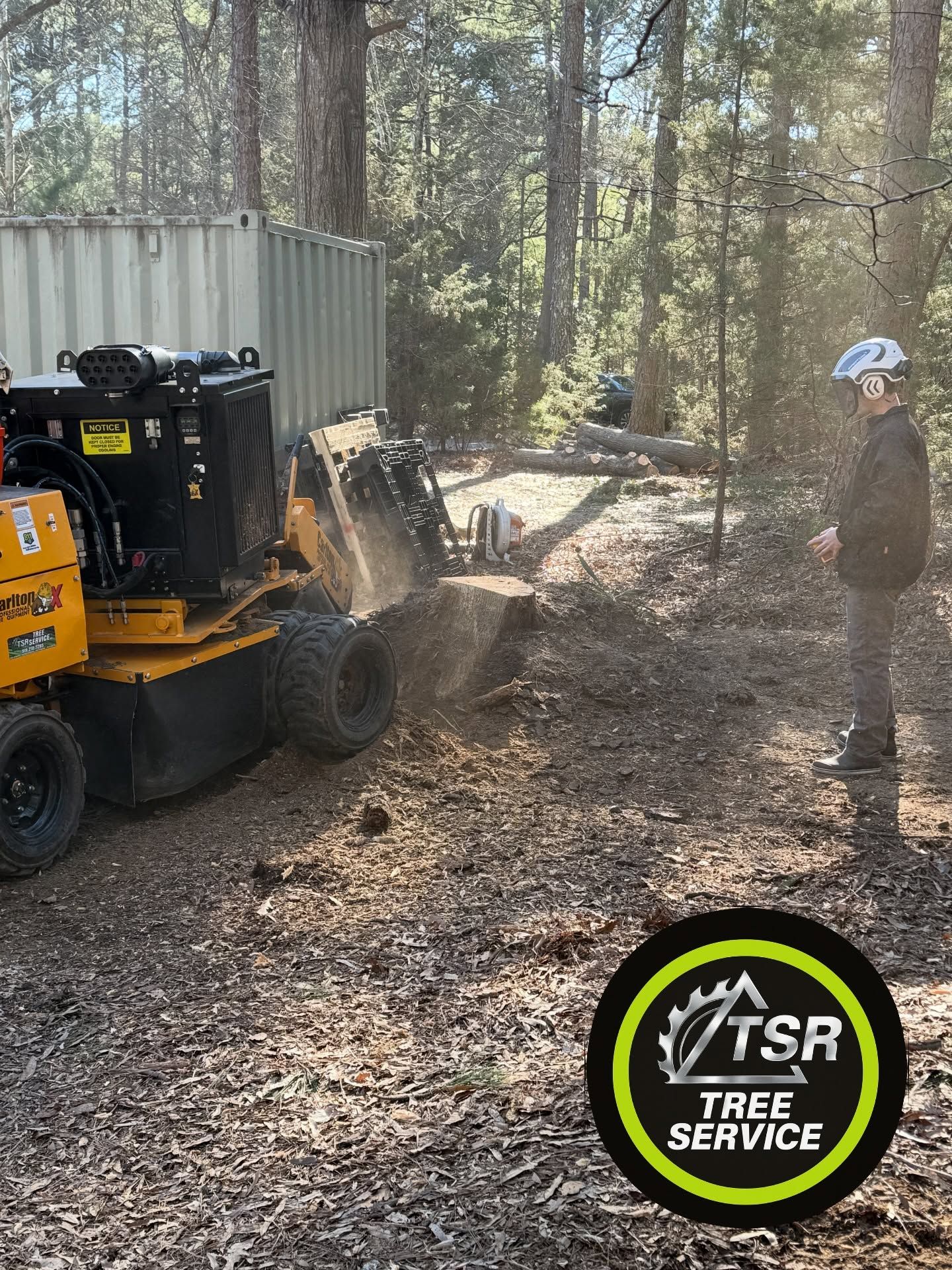 Tree service machine grinding brush in a wooded area, with a worker standing nearby.