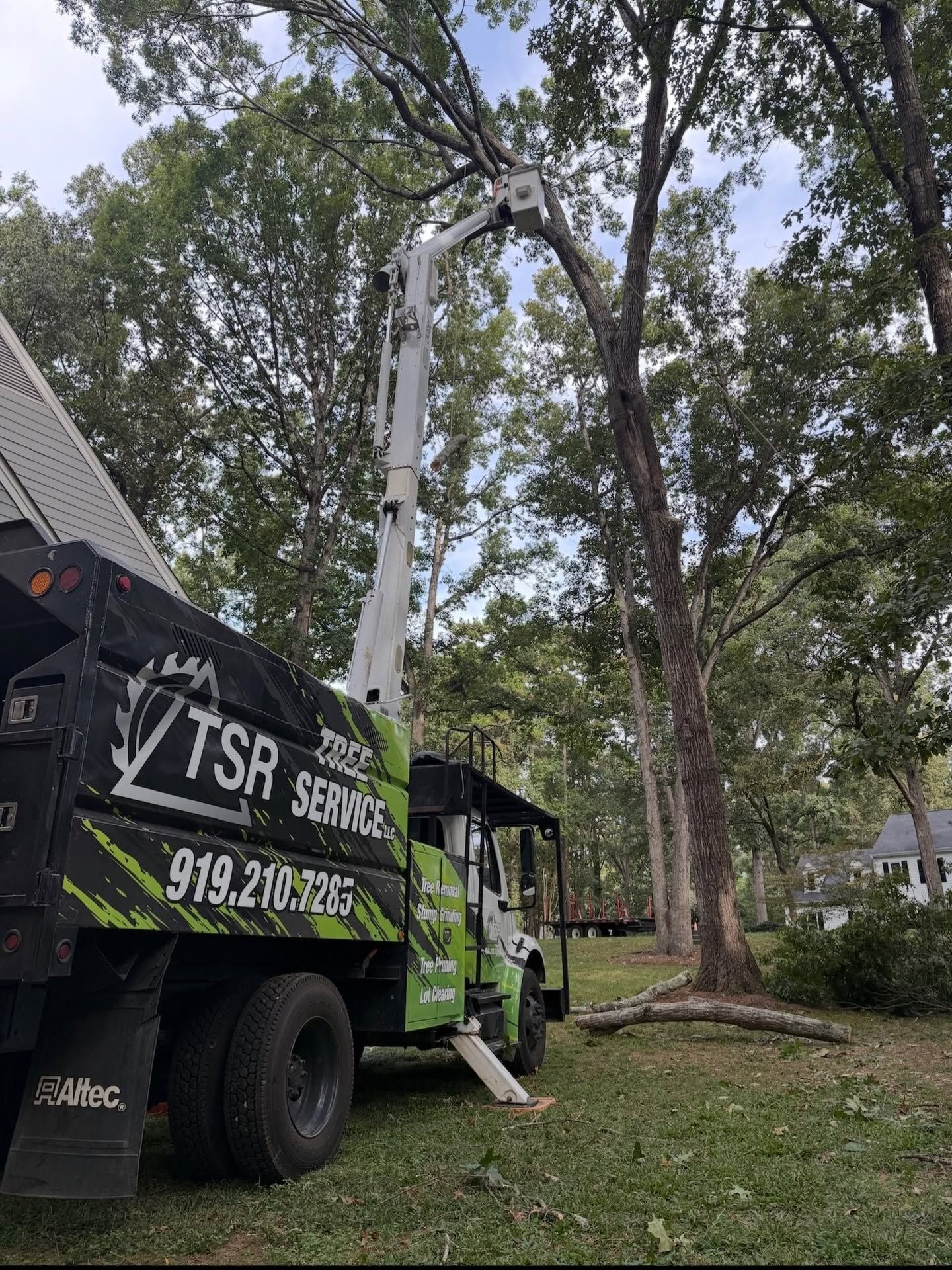 Tree service truck using a bucket lift to trim a tall tree in a wooded yard