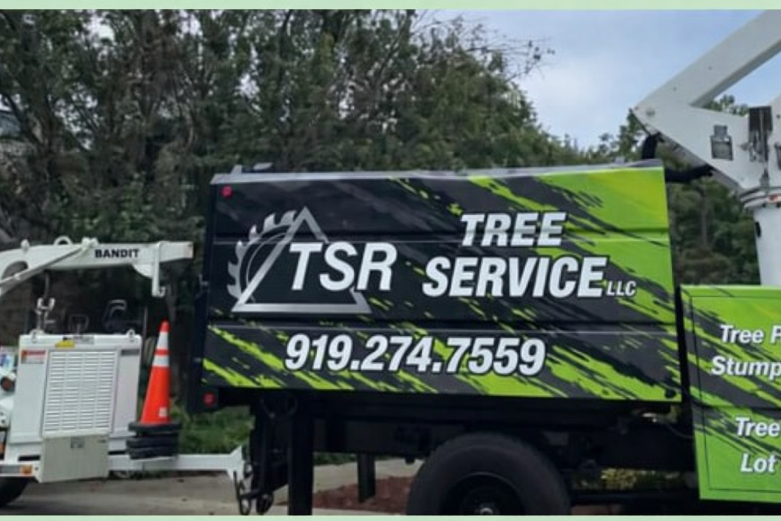 TSR Tree Service truck with green-black logo and phone number 919-274-7559 parked outdoors