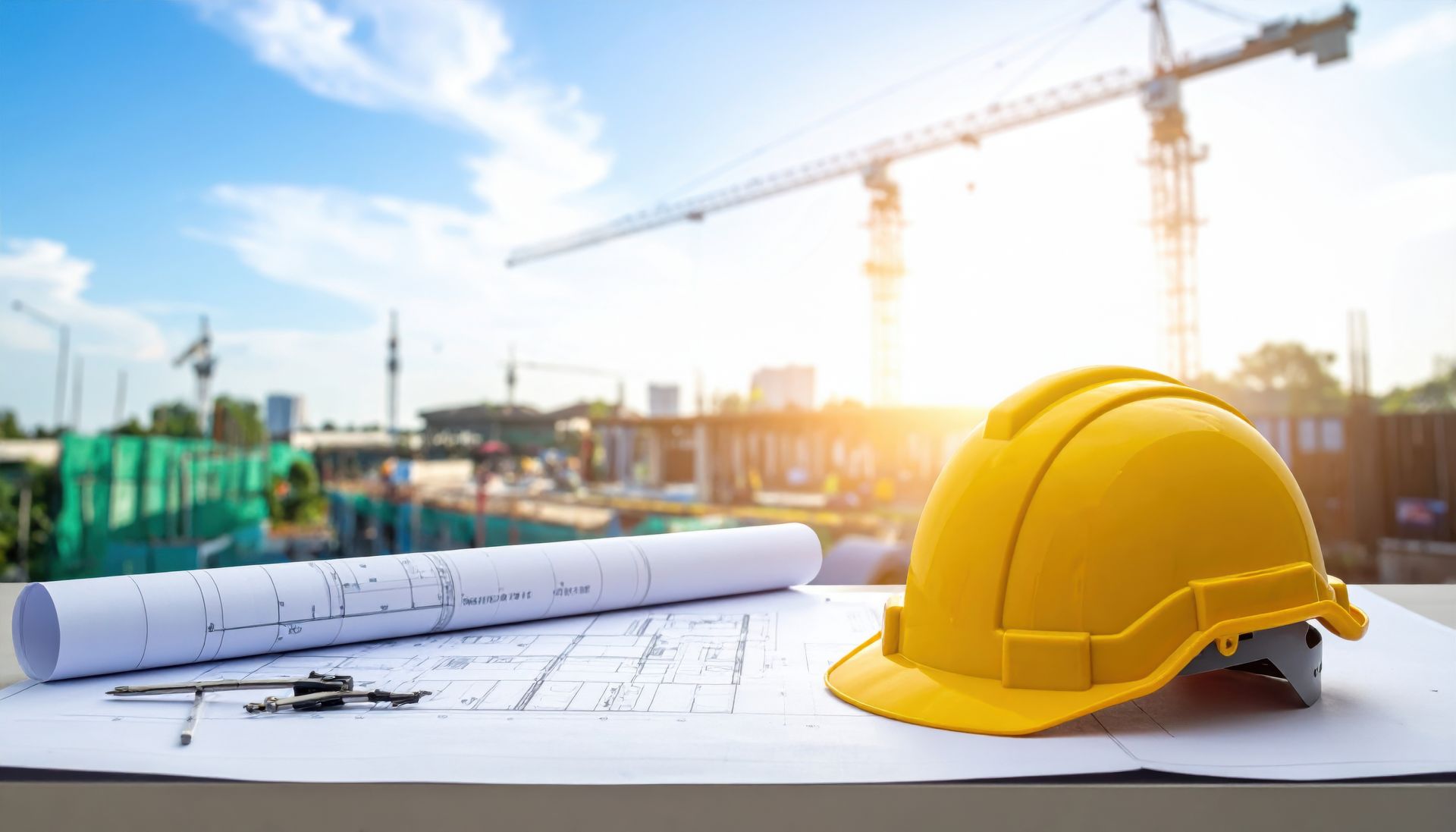 Architects plans and safety helmet at a construction site with cranes and building in background Architects plans and safety helmet at a construction site with cranes and building in background