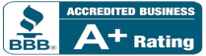 BBB Accredited Business logo in blue and white with torch icon and text.