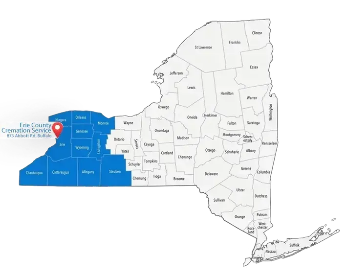 Map of New York State with western counties shaded blue and a red location pin near the Buffalo area