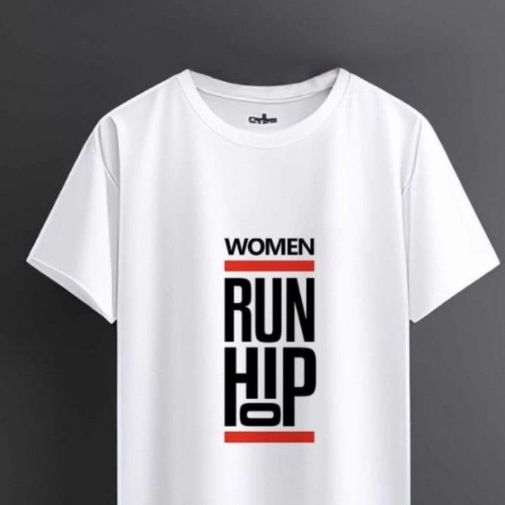 White T-shirt with bold black and red “WOMEN RUN THE LOOP” text on the front