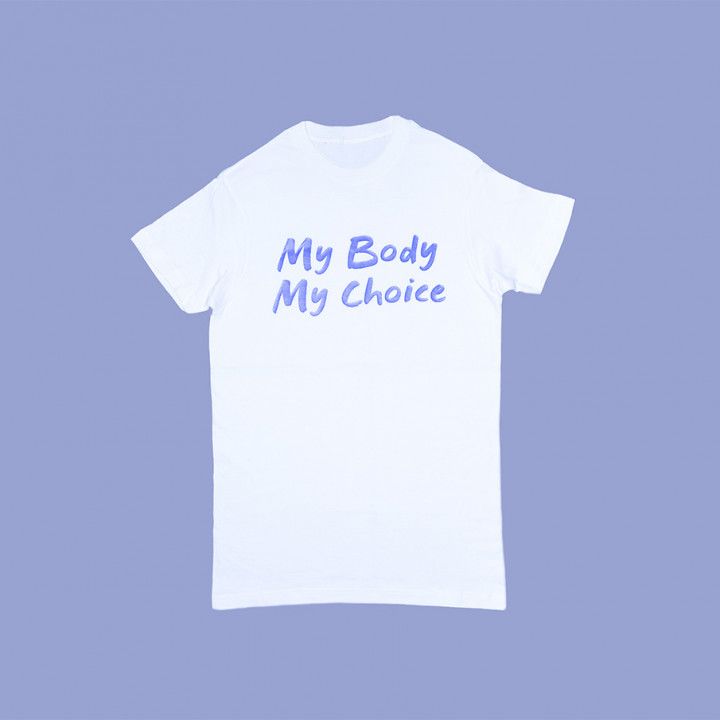 White T-shirt with purple “My Body My Choice” text on a lavender background
