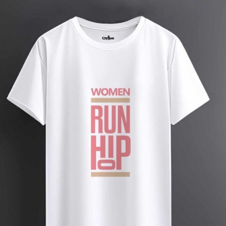 White T-shirt with pink and gold “WOMEN RUN HIP” graphic text