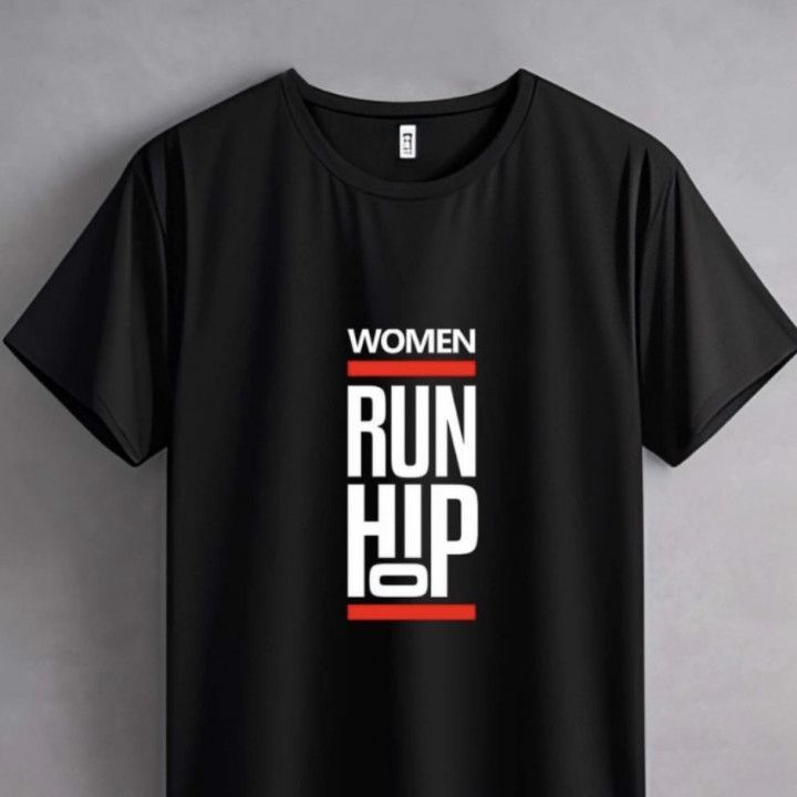 Black T-shirt with bold white and red text reading “WOMEN RUN HJP” on the front.