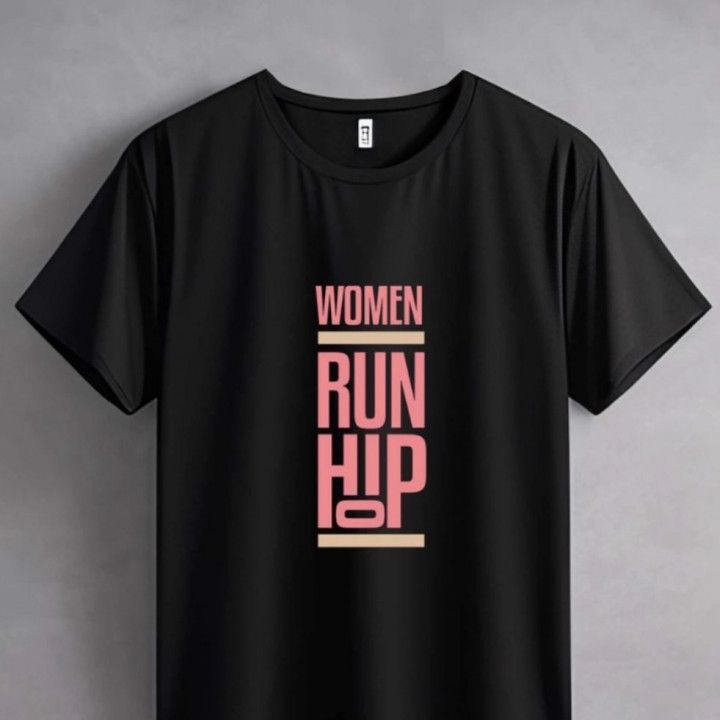 Black T-shirt with pink “WOMEN RUN HIP” text on the front