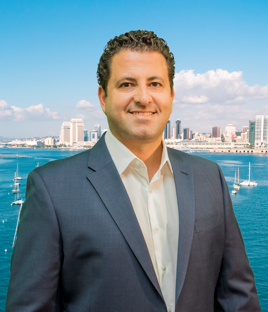 a man in a suit is standing in front of a city skyline peter lama lend18 mortgage broker real estate