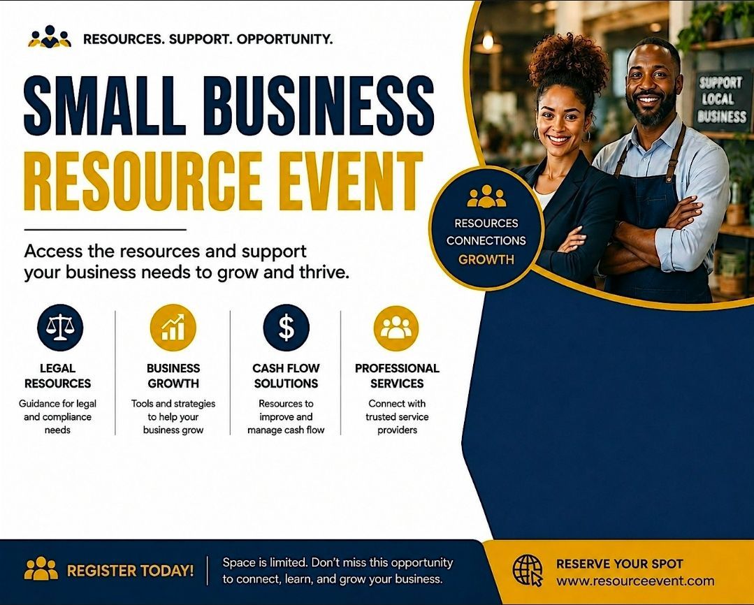 Small Business Resource Event poster with blue and gold design, event details, and two smiling presenters Small Business Resource Event poster with blue and gold design, event details, and two smiling presenters