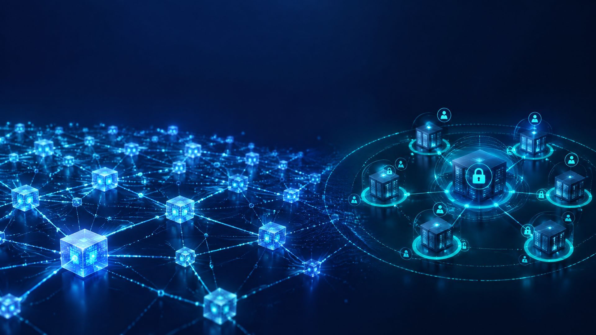 Abstract blockchain network showing open and permissioned nodes.
