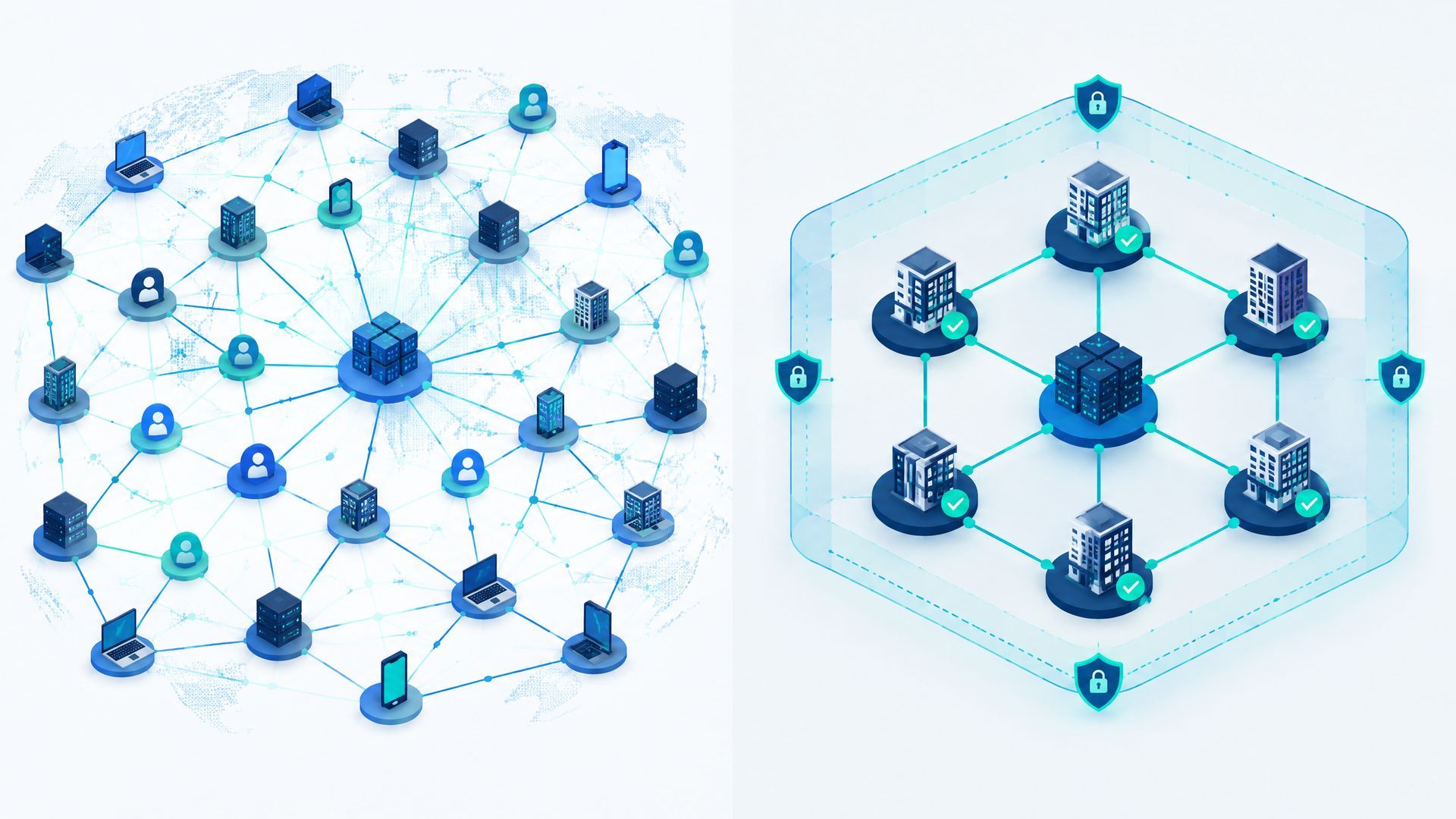 Conceptual comparison of open public and permissioned private blockchain networks.