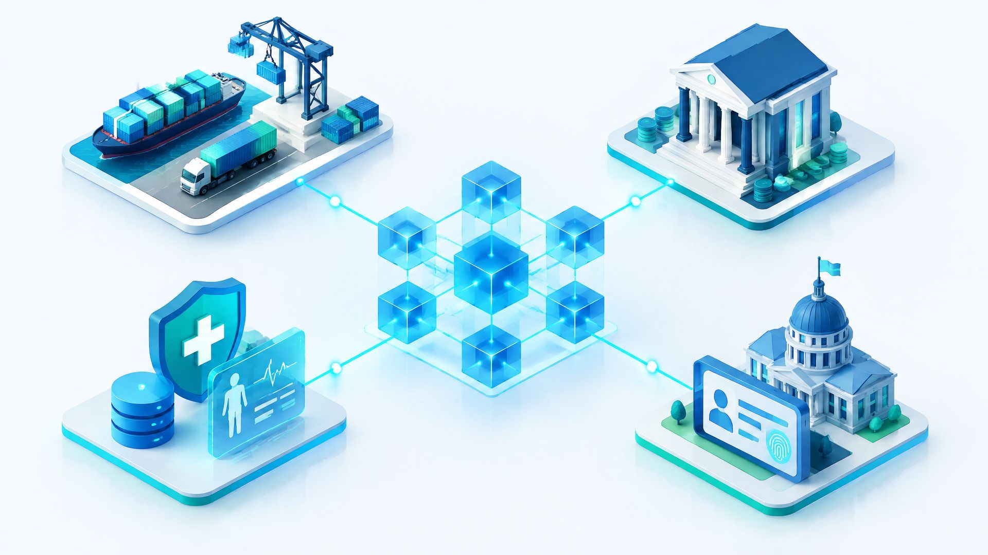 Enterprise blockchain use cases connected through a distributed ledger.