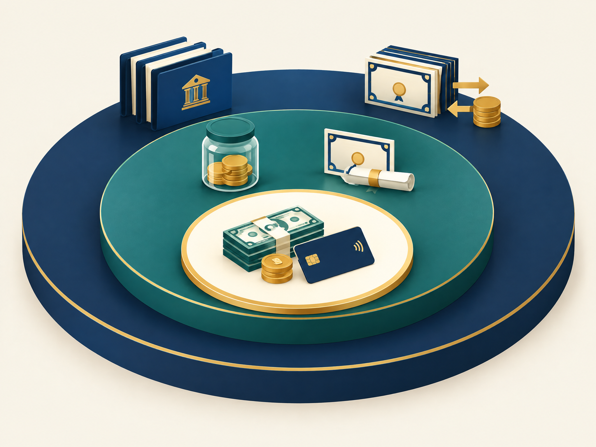 Blue and gold finance illustration with cash, cards, coins, and documents on a circular platform Blue and gold finance illustration with cash, cards, coins, and documents on a circular platform