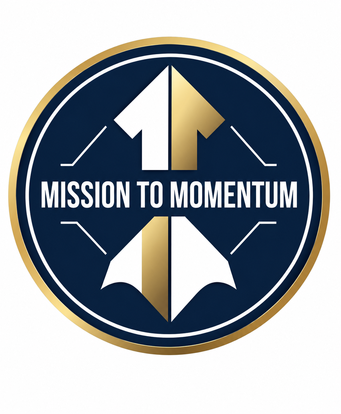 Circular navy and gold “Mission to Momentum” logo with a stylized arrow and wings