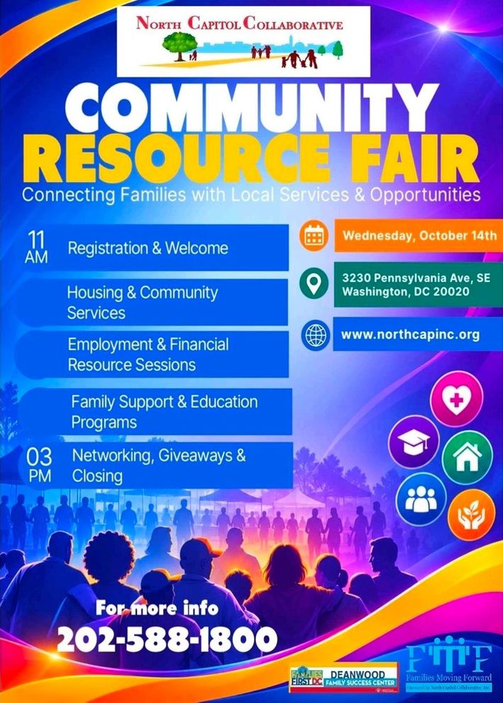 Community Resource Fair poster with event details, blue-purple background, and contact information. Community Resource Fair poster with event details, blue-purple background, and contact information.