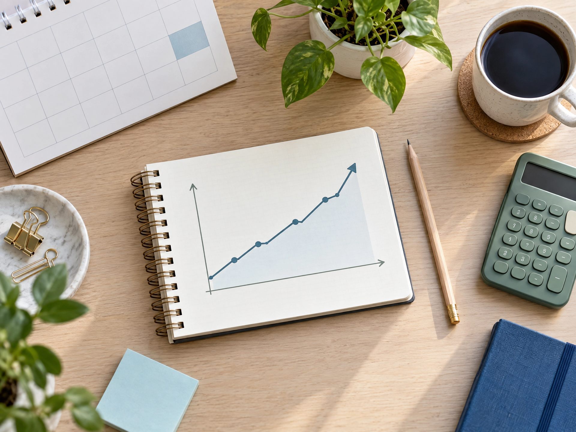Notebook and calculator beside an upward-trending financial progress graph