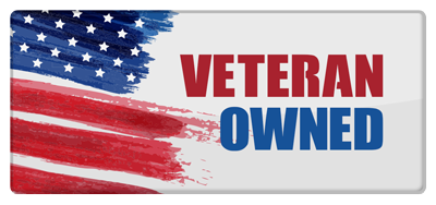 Veteran owned sign with a stylized U.S. flag in red, white, and blue