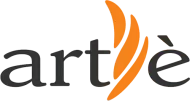 Logo Artè: testo nero con disegno arancione a forma di fiamma.