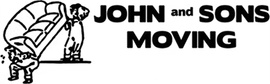 Two people carrying a couch, logo for "John and Sons Moving".