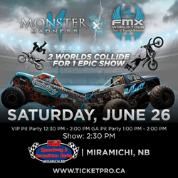 Monster Madness motocross event poster with dirt bikes, monster trucks, June 20, 2026, at Connell Park Raceway