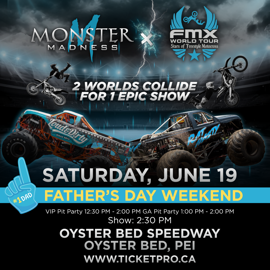 Monster Madness motocross event poster with dirt bikes, monster trucks, June 20, 2026, at Connell Park Raceway