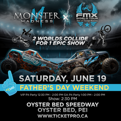 Monster Madness motocross event poster with dirt bikes, monster trucks, June 20, 2026, at Connell Park Raceway