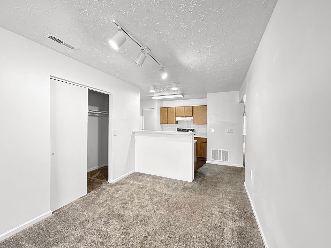 An empty living room with a kitchen in the background.