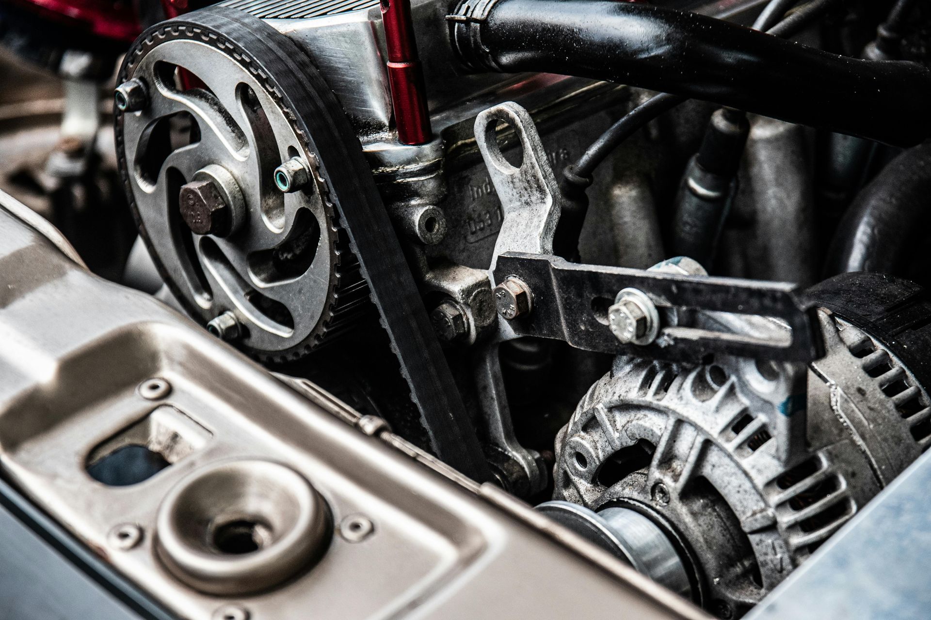 A car engine in a garage.