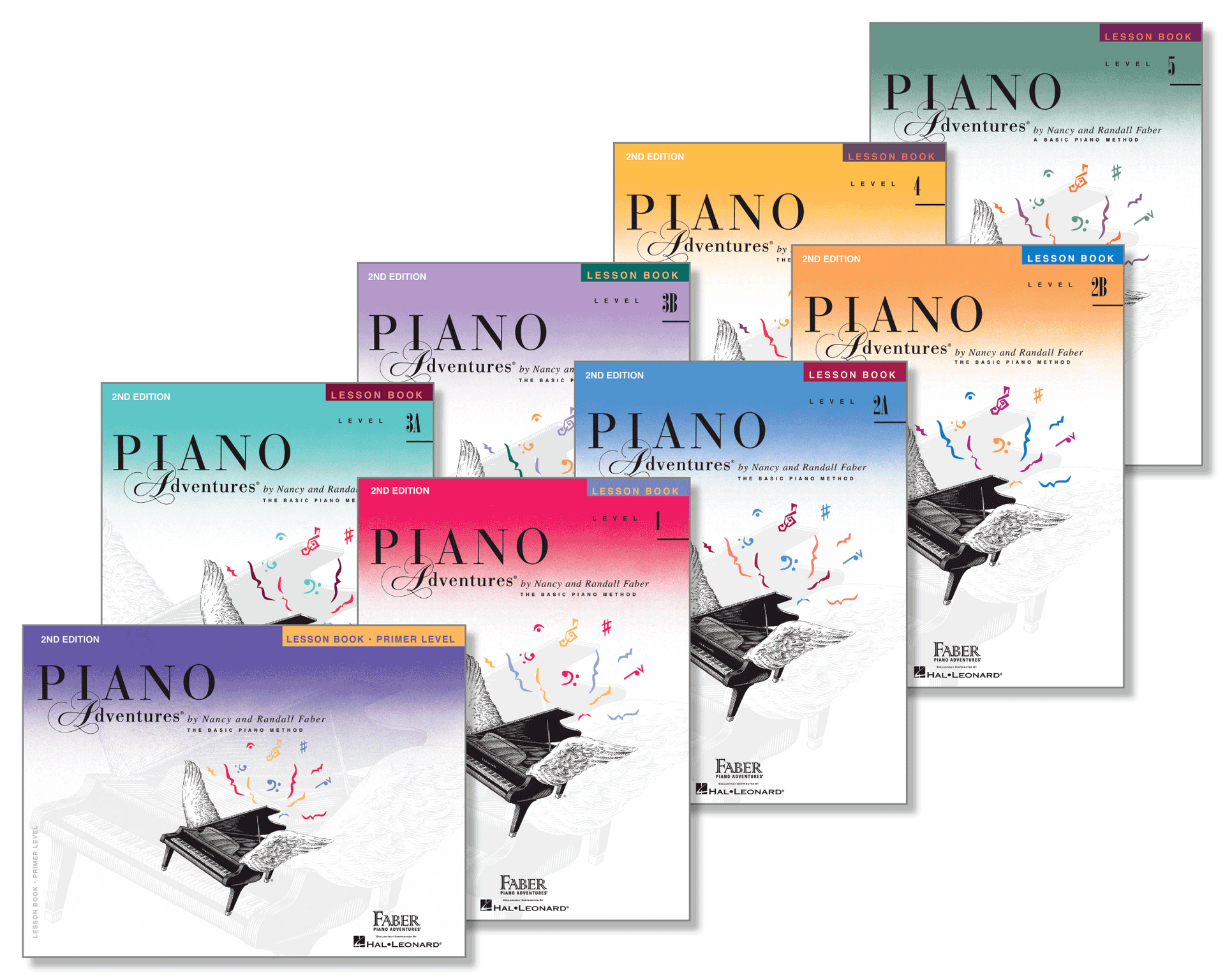 A group of piano books are stacked on top of each other on a white background.