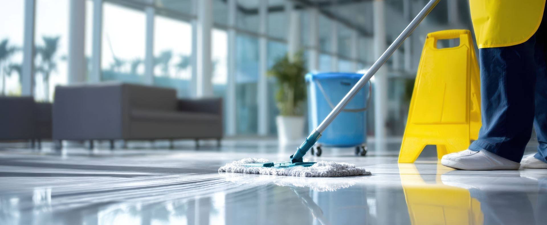 A professional cleaner mopping a shiny floor in a modern office space. A professional cleaner mopping a shiny floor in a modern office space.
