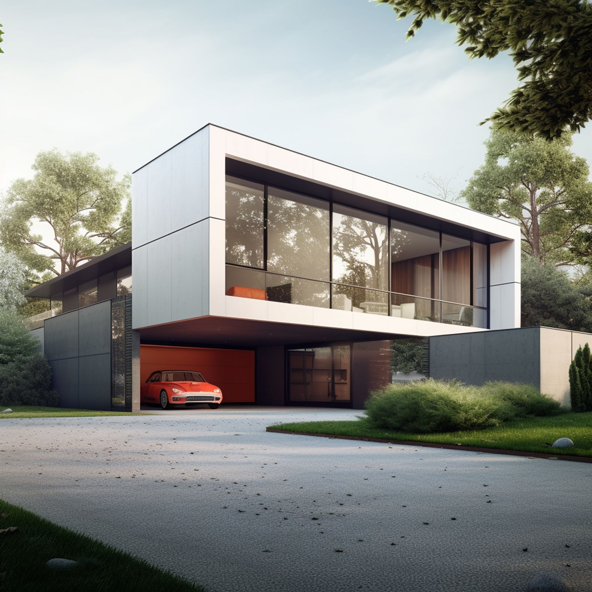 Casa moderna blanca con ventanales del suelo al techo y garaje con paredes naranjas. Un coche rojo está aparcado dentro.
