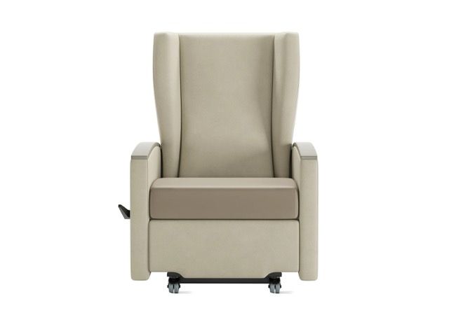 Beige upholstered recliner chair with high back and armrests on casters, front view.