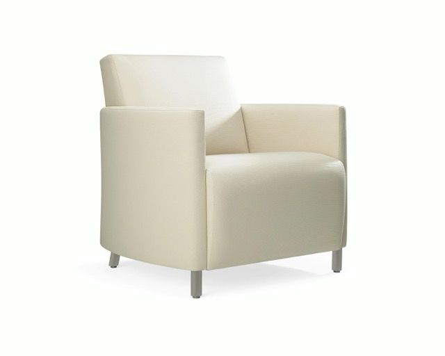 Cream upholstered armchair with square arms and metal legs on a white background