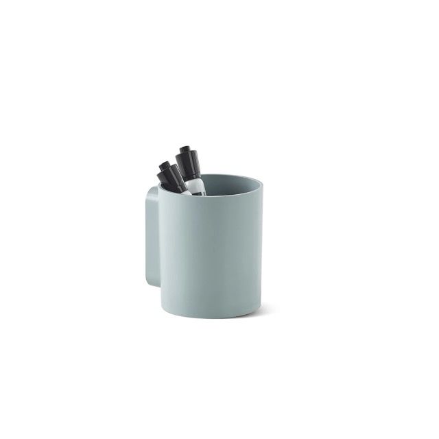 Light blue mug holding black pens on a white background