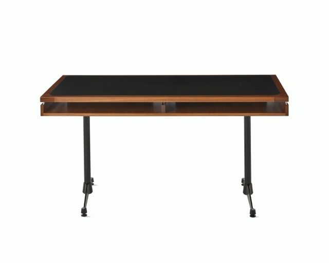 Black and brown adjustable standing desk with two legs on a white background