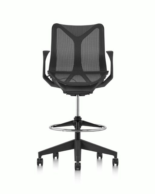 Black ergonomic office chair with mesh back, wheels, and adjustable ring footrest on white background