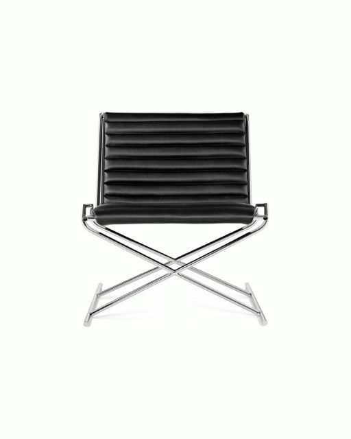 Black folding chair with silver metal frame on a white background