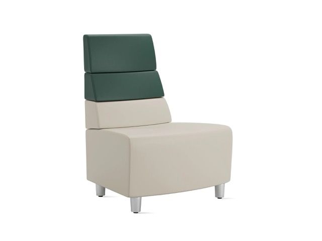 Modern beige accent chair with dark green stacked back cushions and silver legs