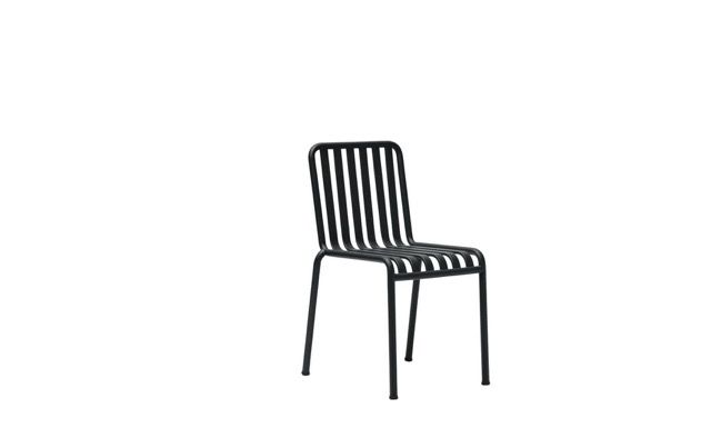 Black metal chair with vertical slats on a white background