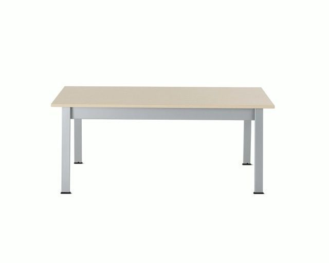 Minimalist beige tabletop desk with silver metal legs on a white background