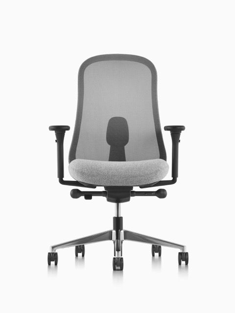 Gray ergonomic office chair with mesh back and black armrests on a white background