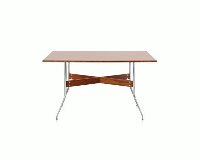 Mid-century style folding table with wooden top, chrome legs, and cross-brace
