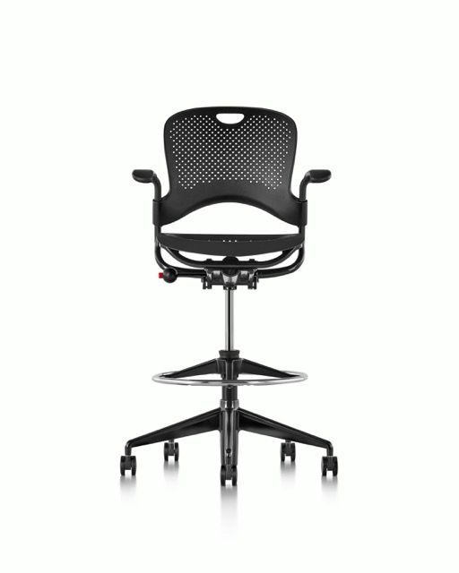 Black ergonomic office chair with mesh back, armrests, and five-wheel base, shown front view on white background