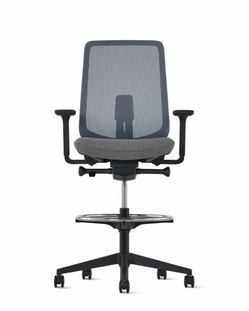 Black mesh office chair with headrest, armrests, and five-star wheeled base on white background