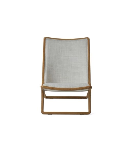 Wooden-framed chair with light gray upholstered seat and back on a white background