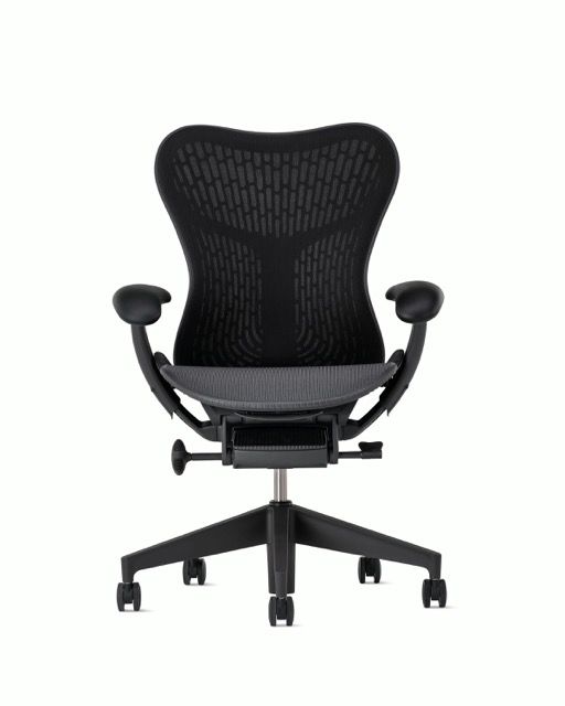 Black ergonomic office chair with mesh back and five-wheel base, front view