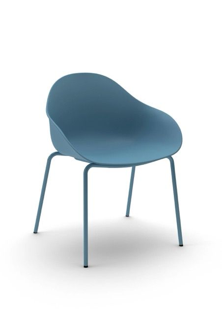 Blue modern chair with four thin legs on a white background