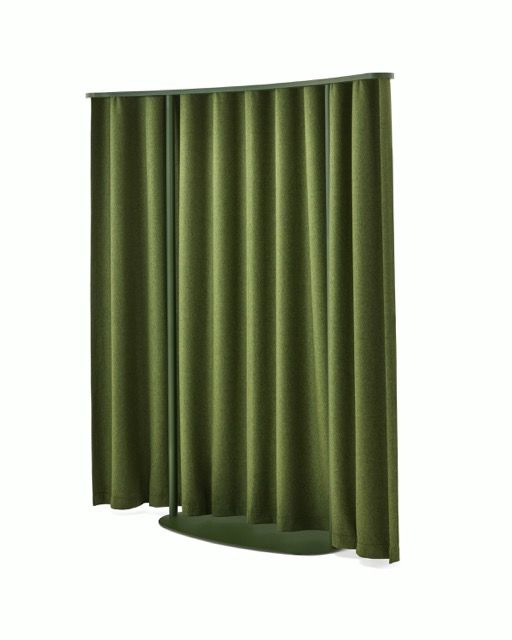 Green pleated curtain partition on a white background
