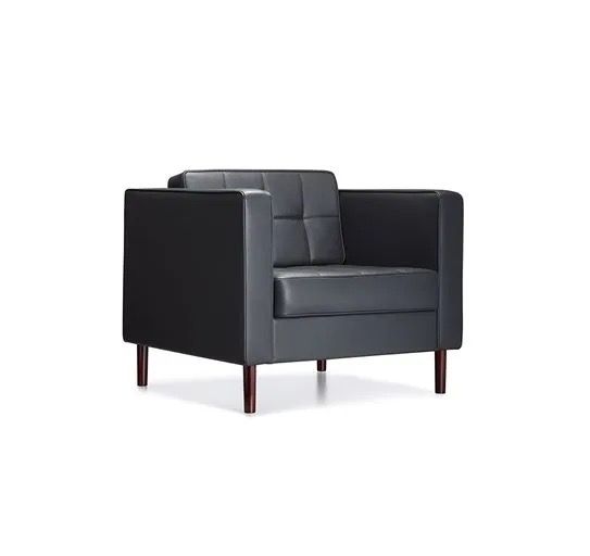 Black leather armchair with square arms and wooden legs on a white background