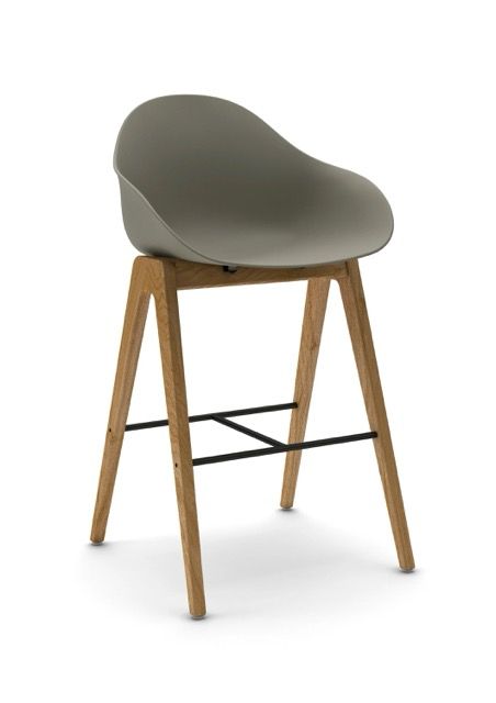 Modern gray bar stool with wooden legs and footrests on a white background